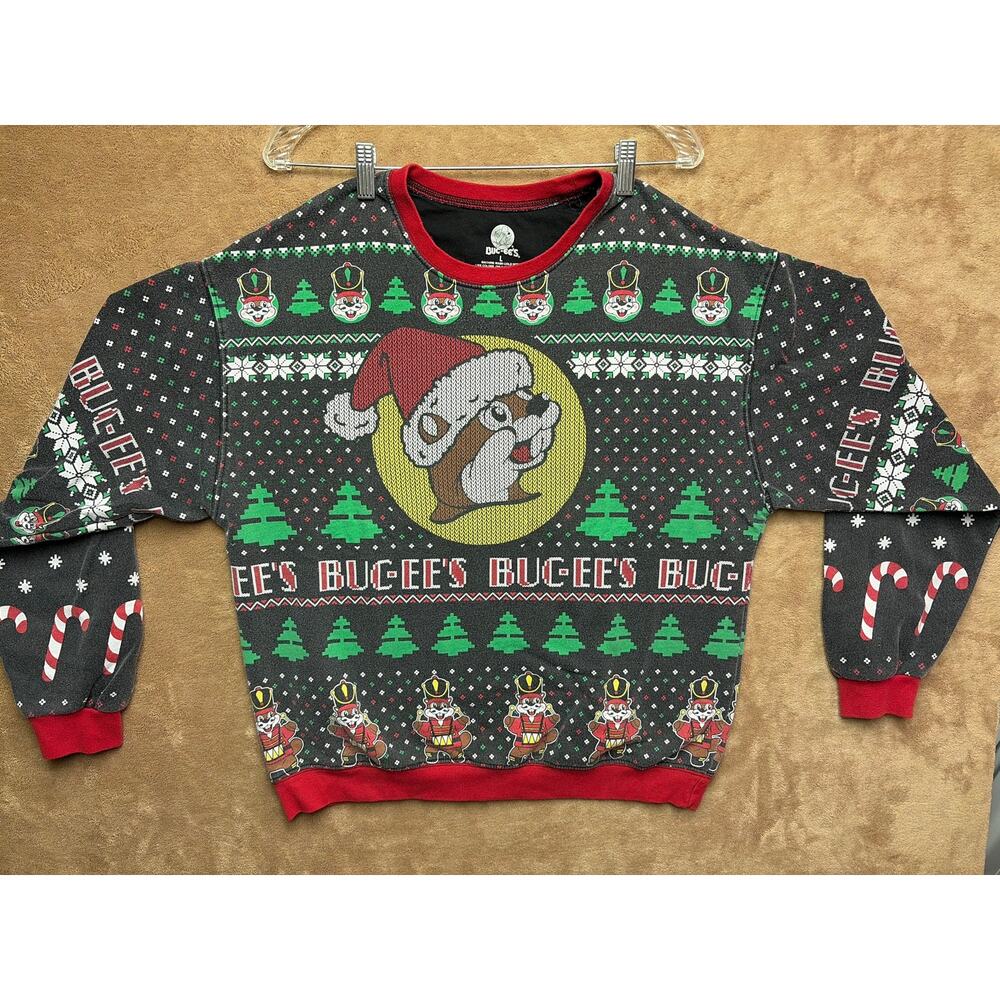 Buc-ee's Ugly Christmas Sweater Mens Large Beaver Santa Nutcracker Grey Knit